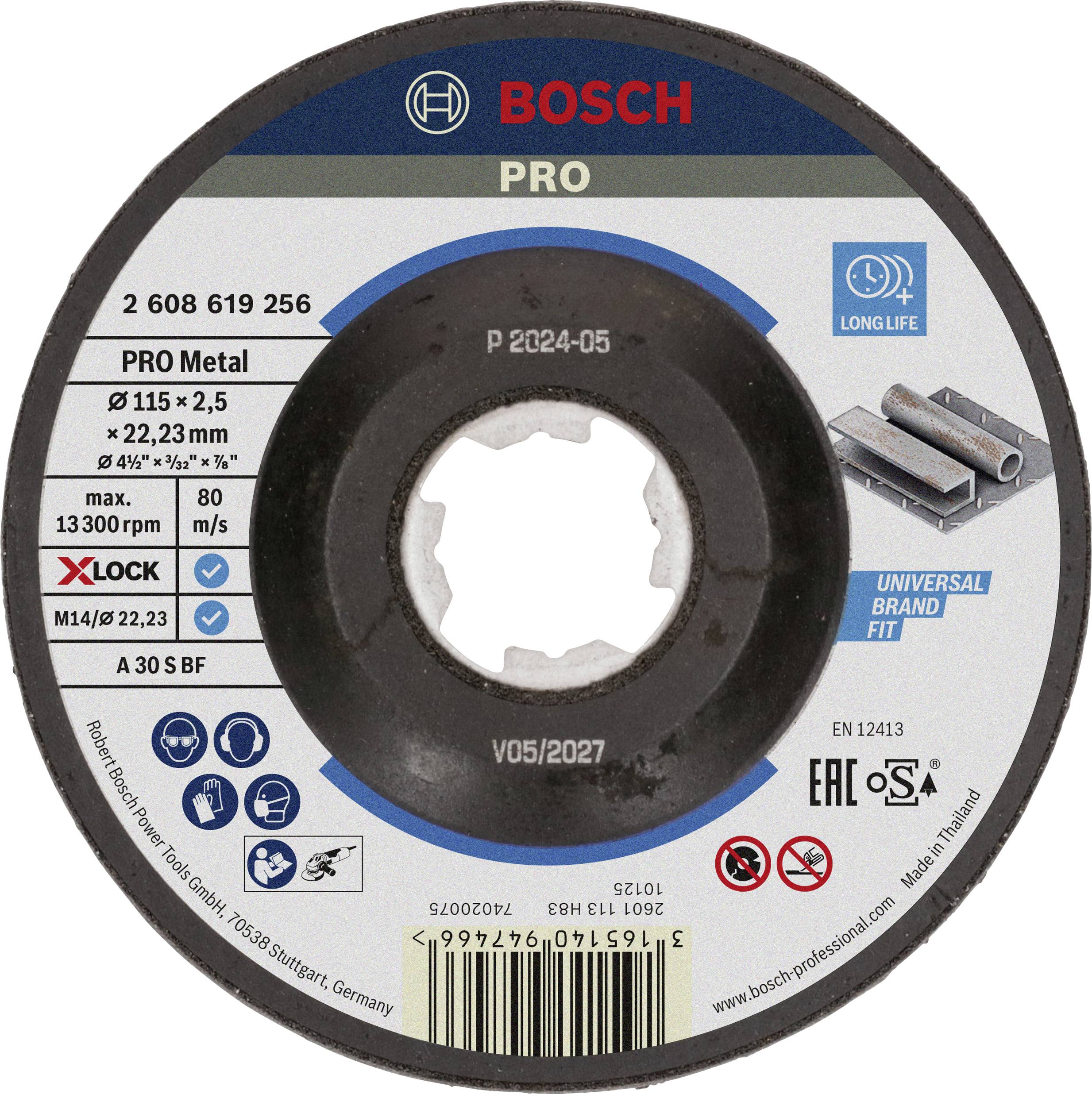 A Bosch Pro metal grinding disc with specifications: Ø 115 x 2.5 mm, bore Ø 22.23 mm, for angle grinder, suitable for metal.