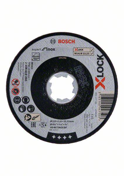 Bosch grinding disc, X-LOCK model, suitable for metalworking, 115 mm diameter, with safety and usage symbols.