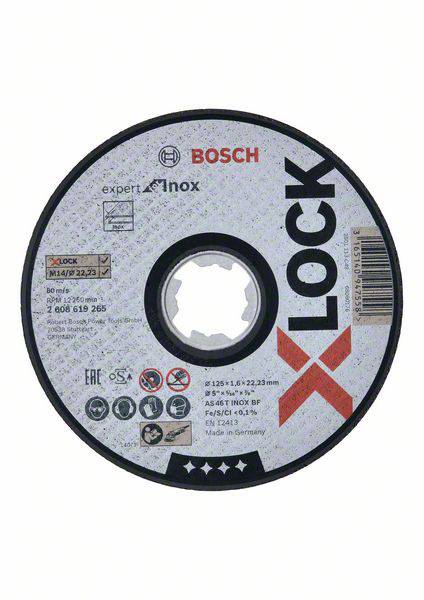 Disc with X-LOCK system by Bosch for stainless steel. Diameter: 125 mm, Thickness: 1.6 mm, Bore: 22.23 mm. Made in Germany.