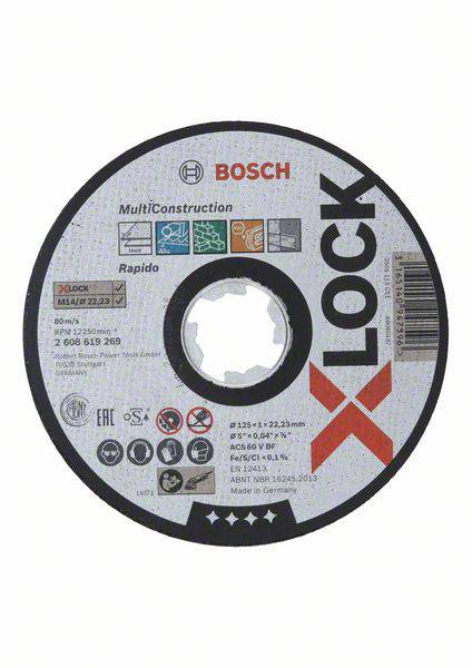 Bosch MultiConstruction grinding disc with X-LOCK system, 125 mm diameter, suitable for various materials.