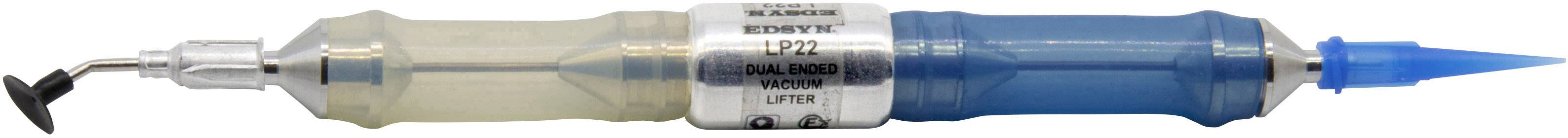 A dental handpiece in pen form, identifiable by a blue and transparent casing with a small black drill bit.