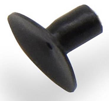 A black, round button with a cylindrical pin in the centre, potentially used as a handle or fixing element.