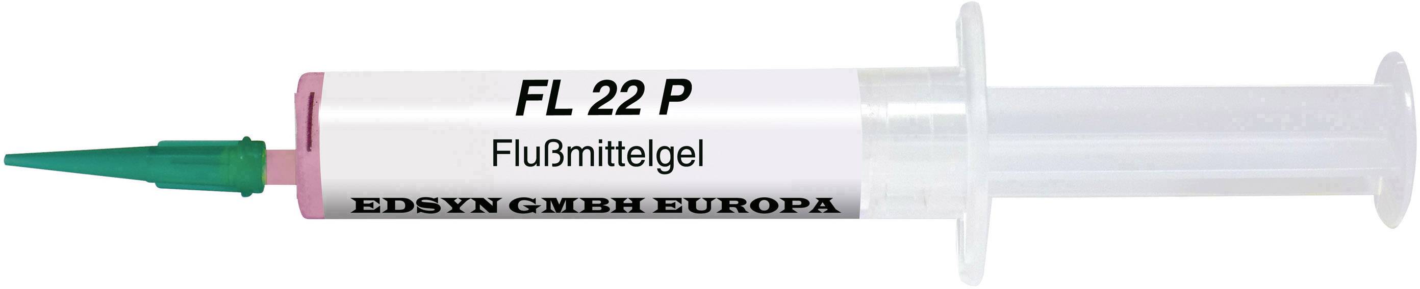 A transparent syringe with a green nozzle, labelled 'FL 22 P Flux Gel' and 'EDSYN GMBH EUROPA'.