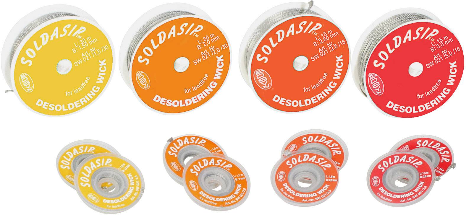 Various spools of solder wick in different sizes and colours, marked with 'SOLDASIP', for repairing electronic devices.