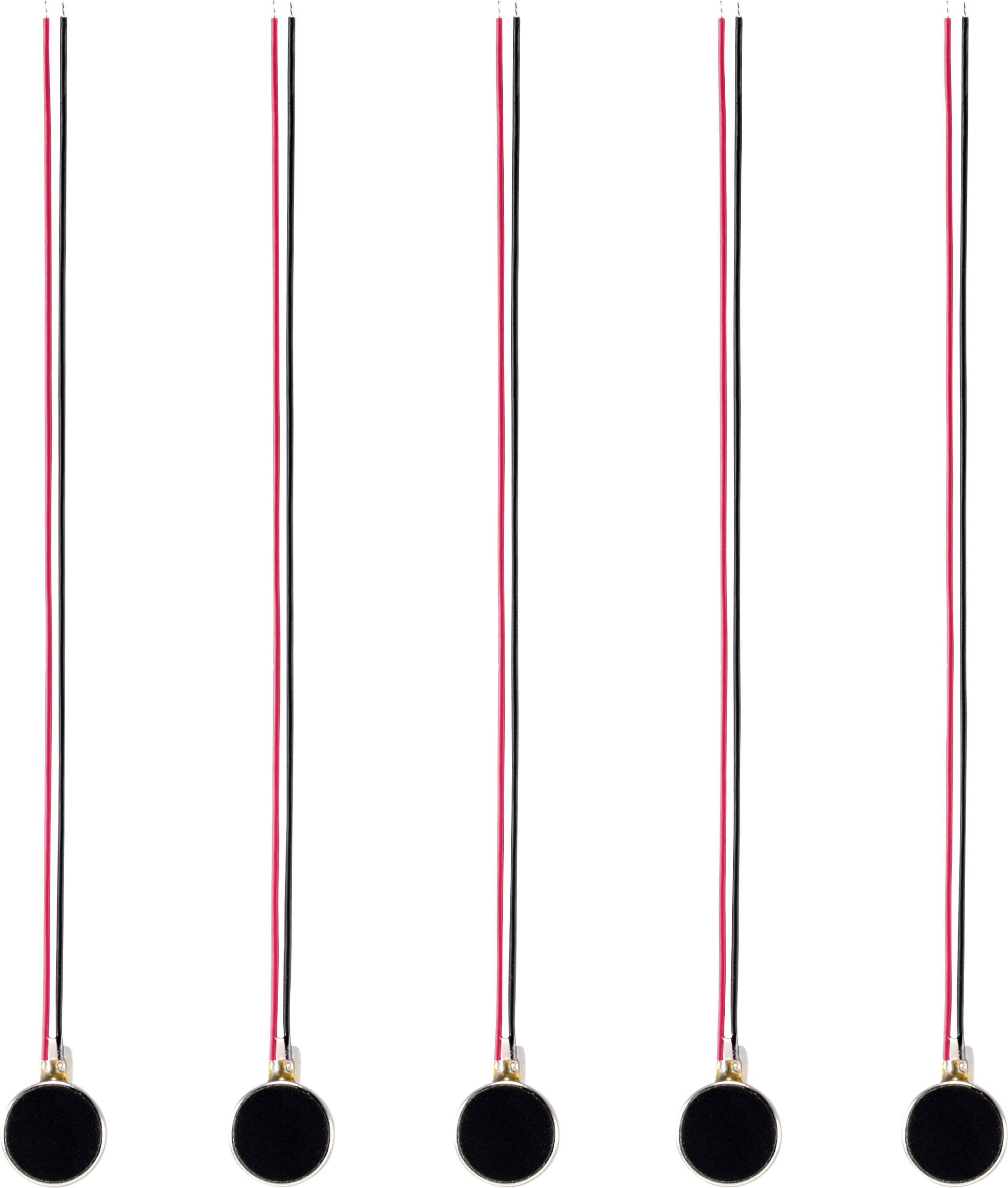 Five black round sensors with red and black wires arranged in a vertical line on a white background.