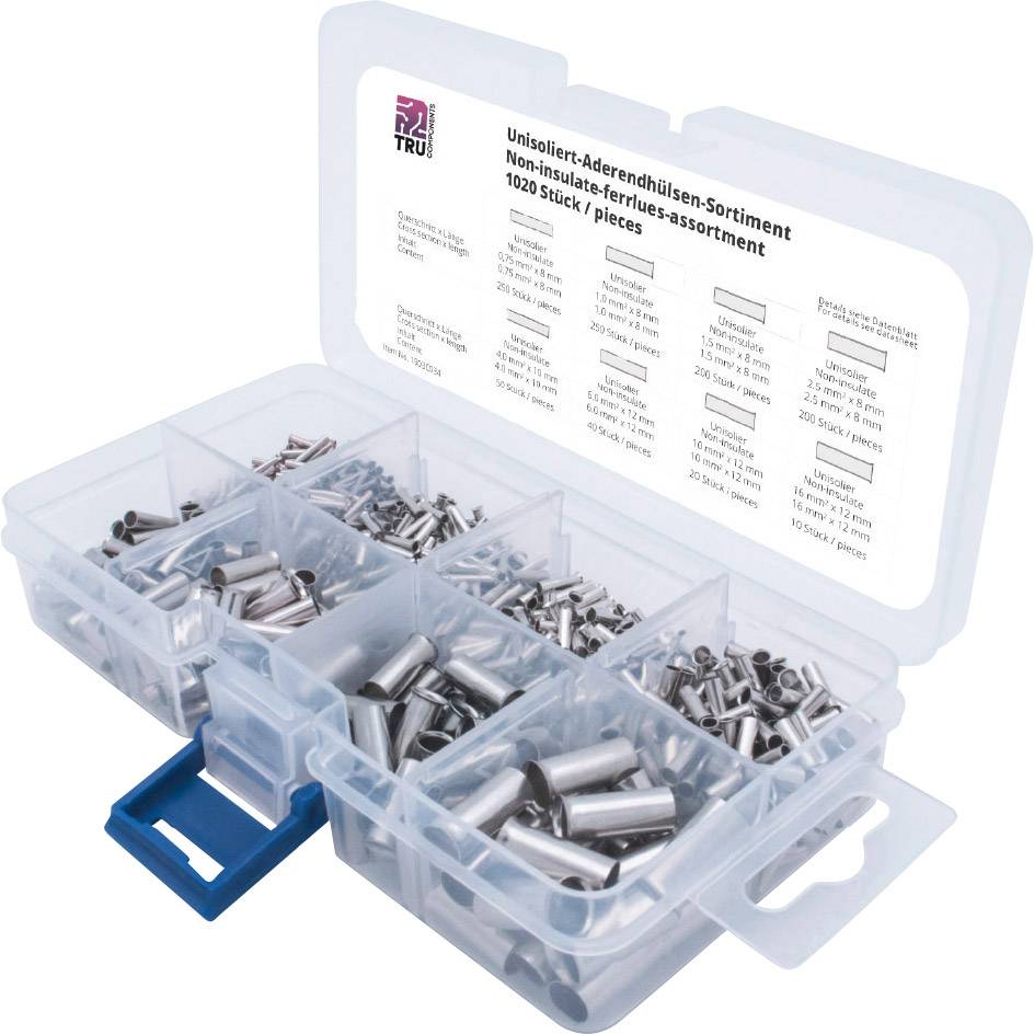 Transparent plastic compartment box containing uninsulated wire end ferrules of various sizes, with a label detailing specifications.