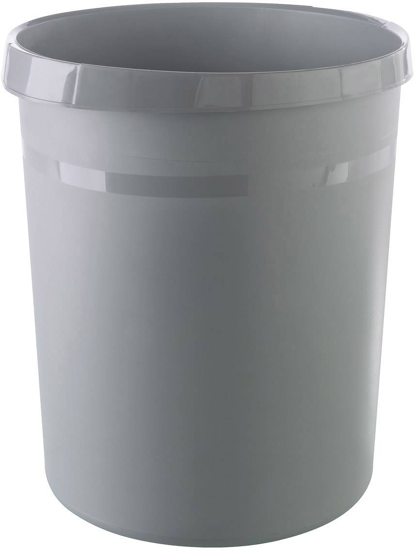 A large grey plastic rubbish bin stands upright on a surface with no visible background.