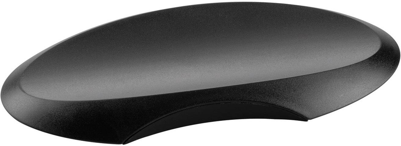 A flat, ergonomically shaped, black design object with a curved surface, possibly a computer mouse.