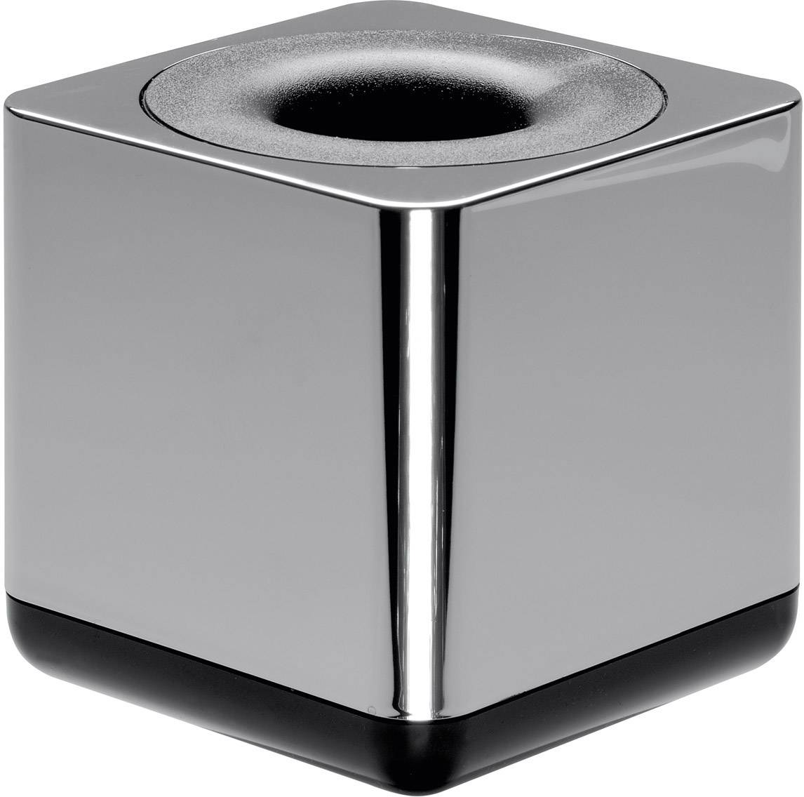A gleaming, metallic cube with a circular opening on its top surface. The surface reflects the light.