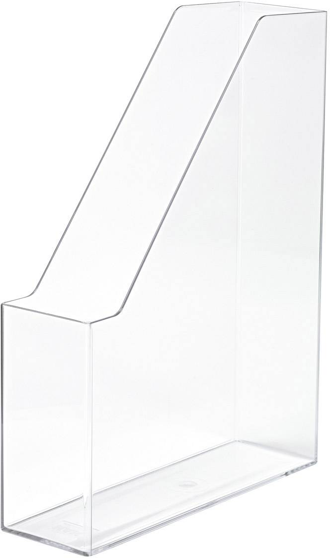 A transparent plastic magazine holder with a rectangular base and a bevelled front for easy removal.