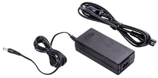 A black power adapter with cables, suitable for electronic devices. On the left, a plug, and on the right, the cable for the electrical socket.