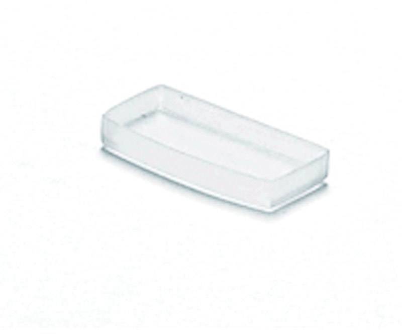 A white, rectangular soap dish on a white background.
