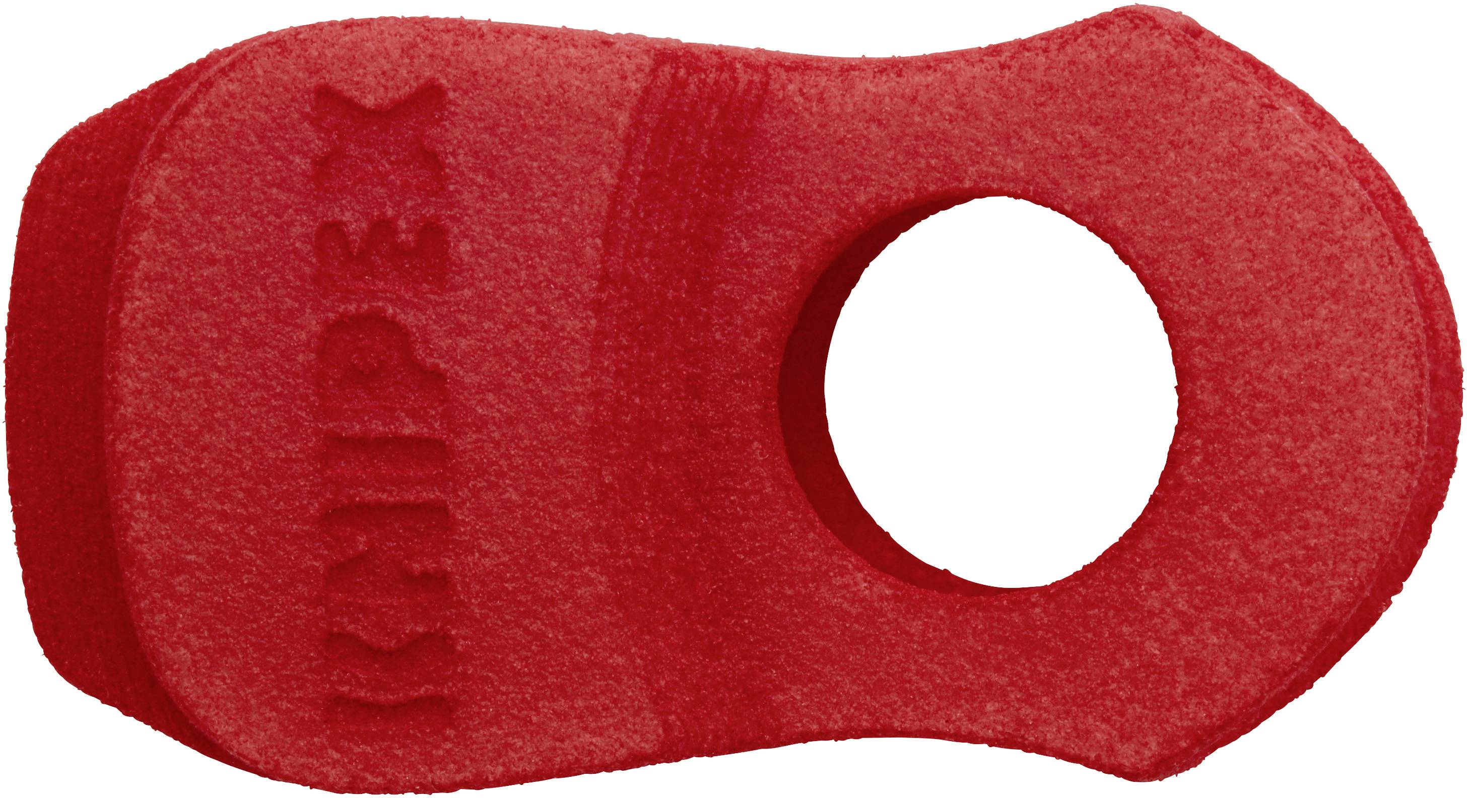 A red climbing hold with a round hole that provides texture for better grip. The hold is shaped and displays the word 'AIXPEX'.