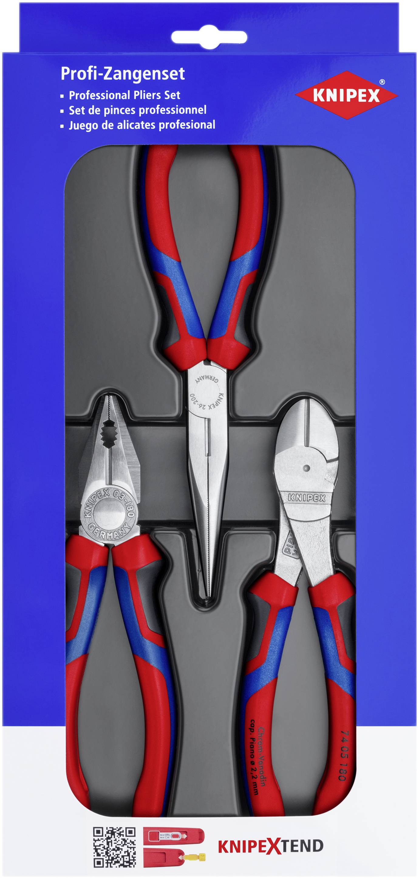 Professional pliers set in packaging, consisting of three different pliers with red and blue handles, marked as 'Professional Pliers Set'.