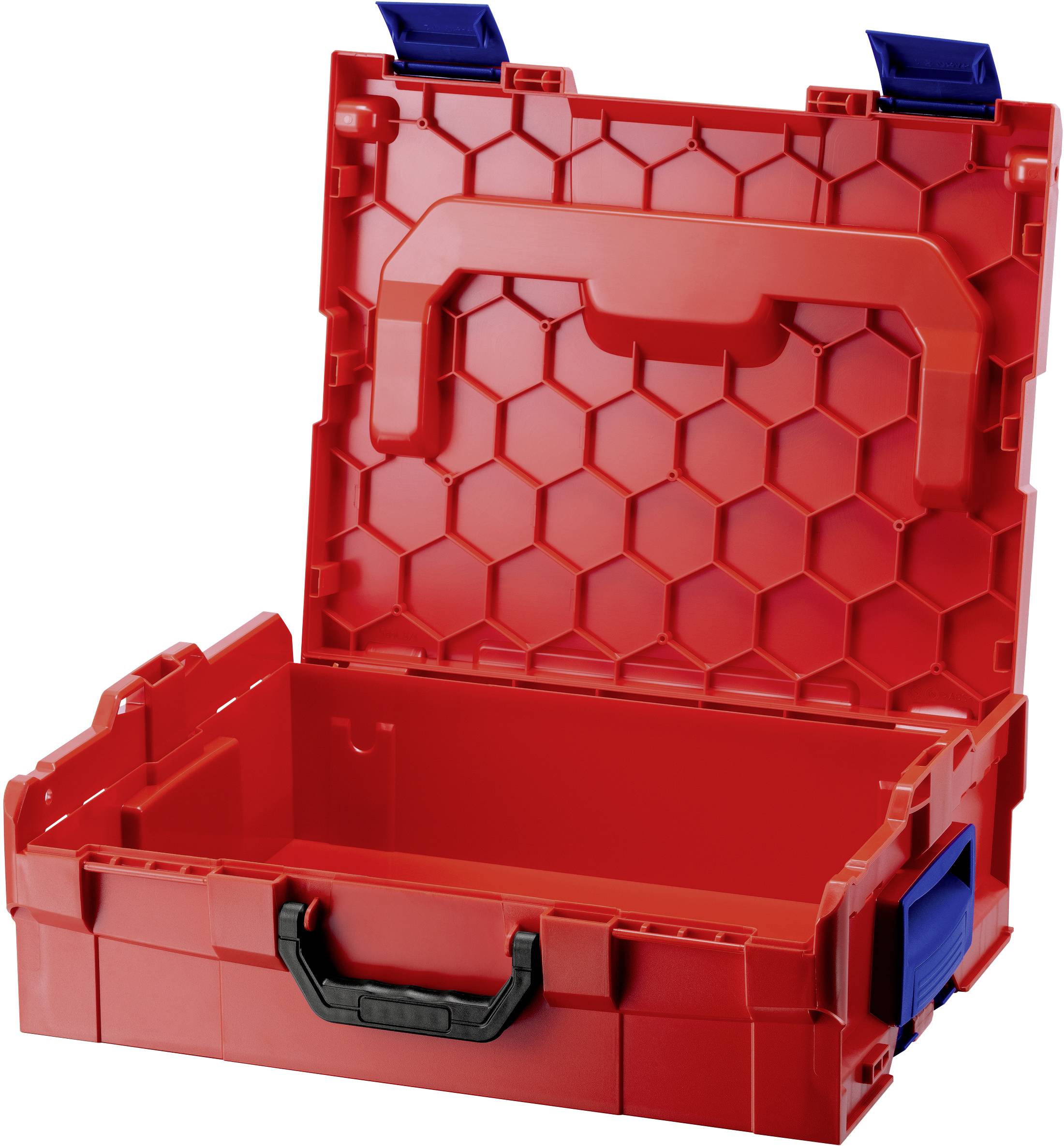Red plastic toolbox with a honeycomb pattern on the lid. The lid is open, revealing the empty interior.