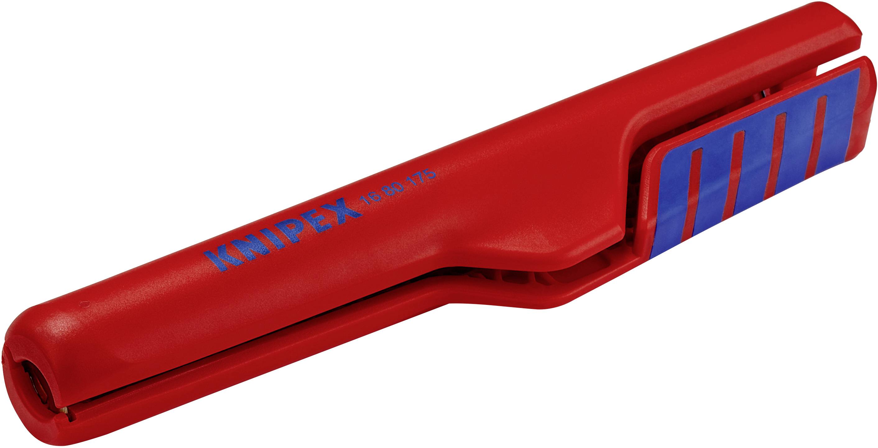 A red cable stripping tool by Knipex with blue labelling, suitable for precise and safe cable stripping tasks.