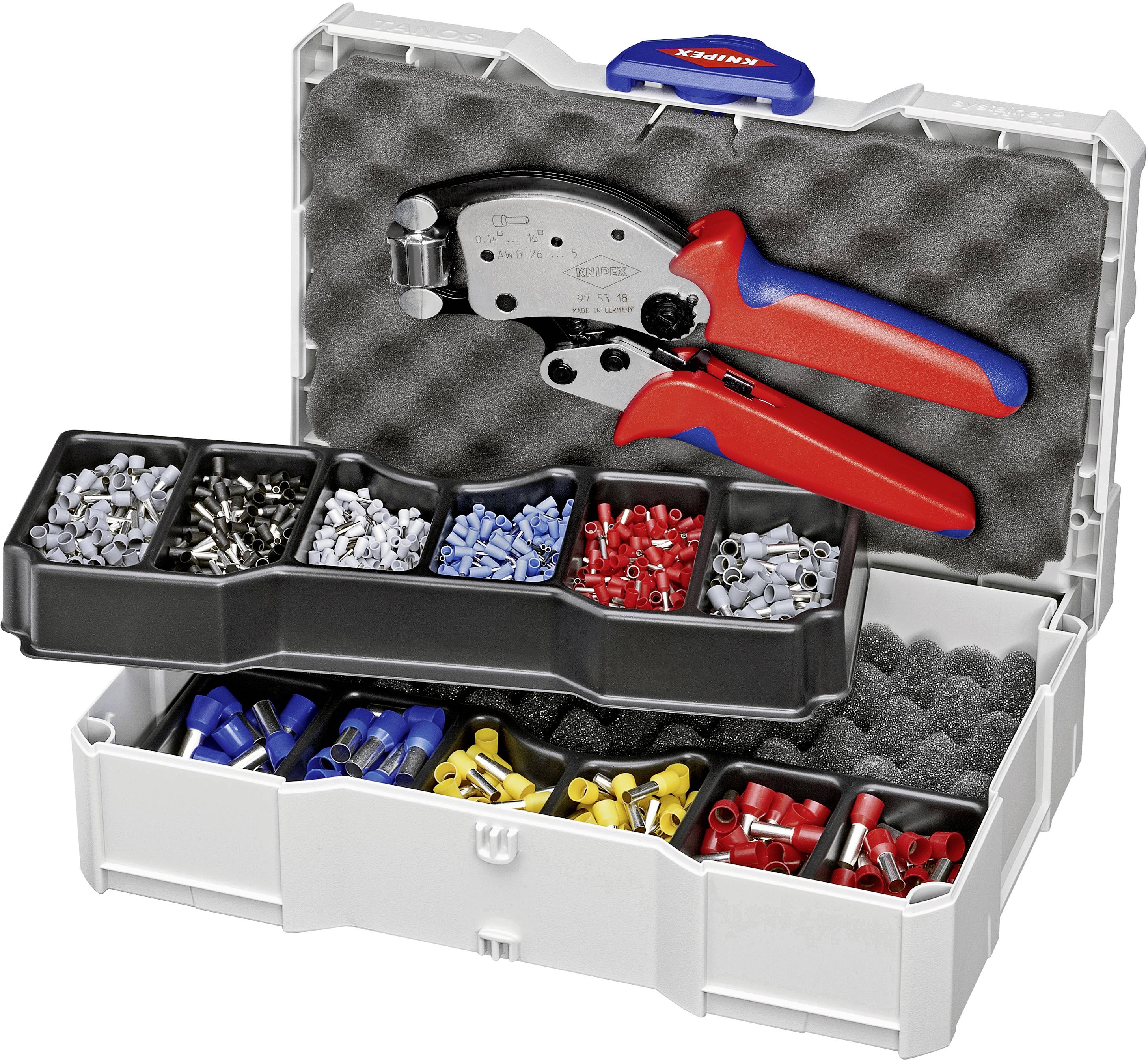 Crimping tool set with coloured wire end ferrules and a red crimping plier in an open, foam-padded plastic case.