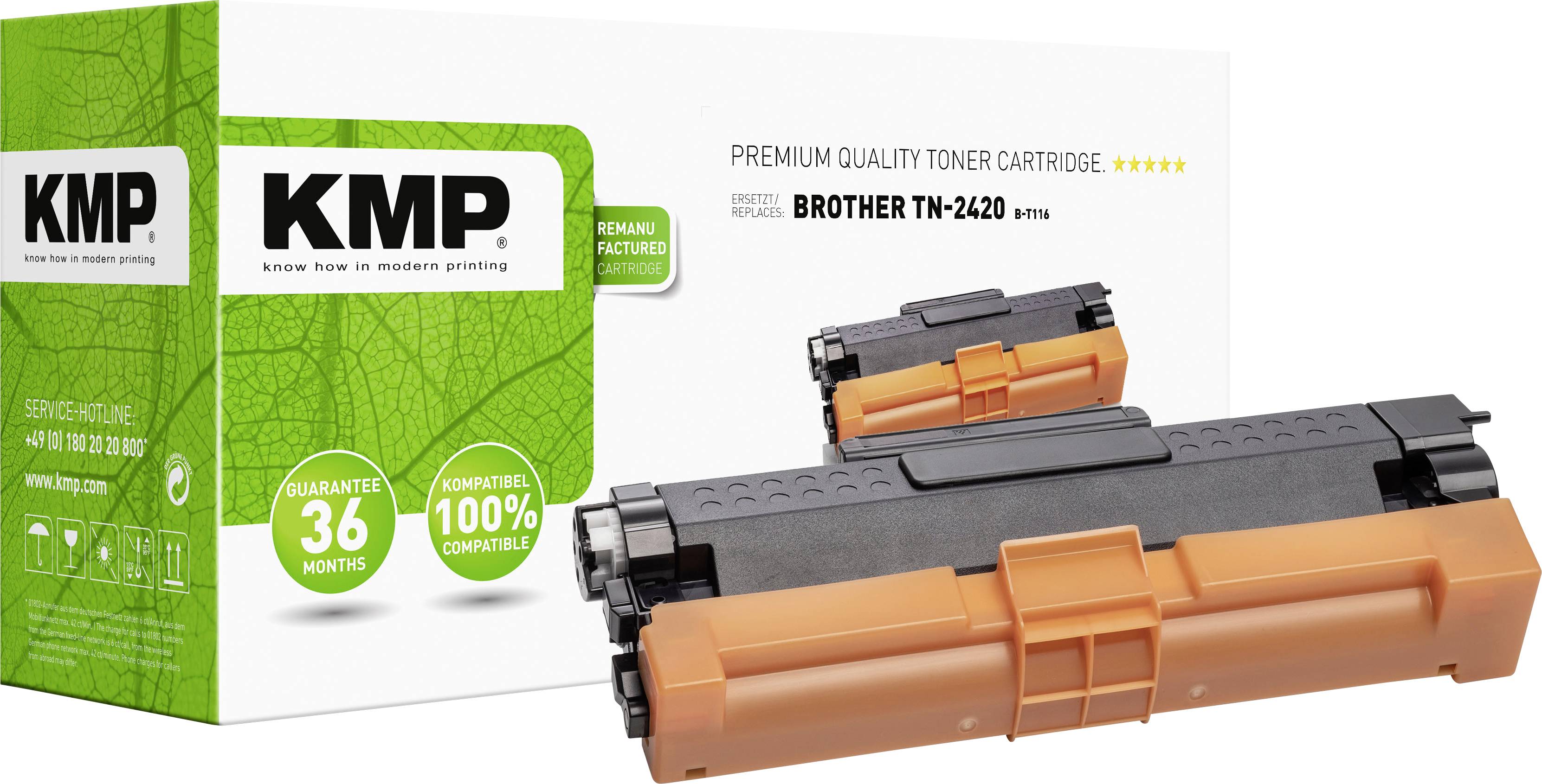 'KMP Premium Toner TN-2420' in a white packaging with green design and a 36-month guarantee notice.