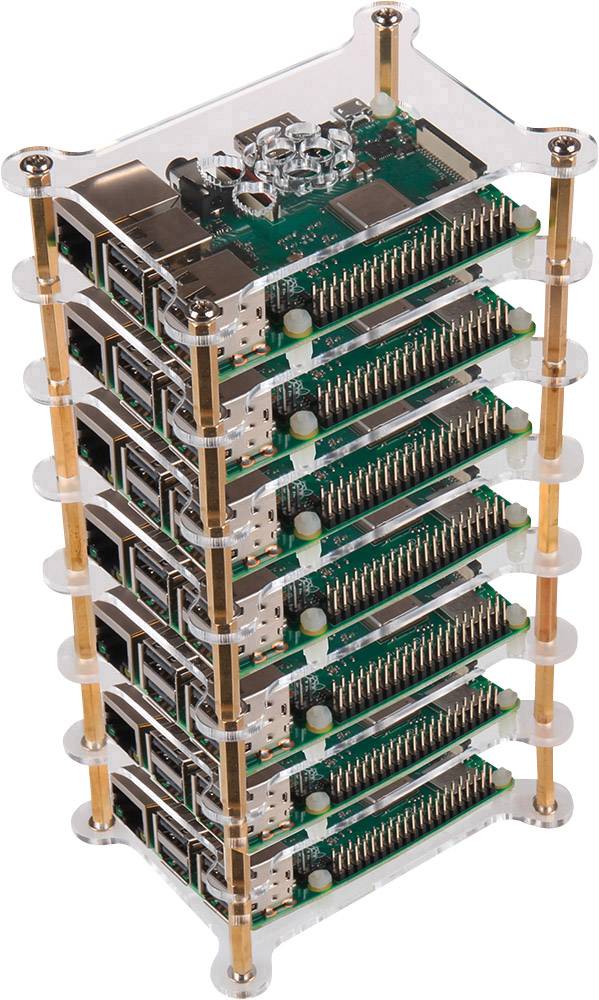 A stack of six mini-computers stacked on top of each other, encased in transparent frames. Each unit displays visible circuitry and connections.