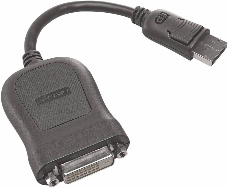 A black adapter with a DisplayPort plug on one side and a DVI connection on the other.