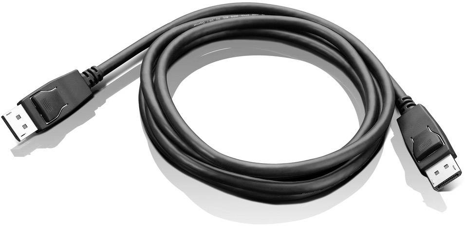 Black DisplayPort cable with two plugs at the ends, depicted in a loop shape on a white background.