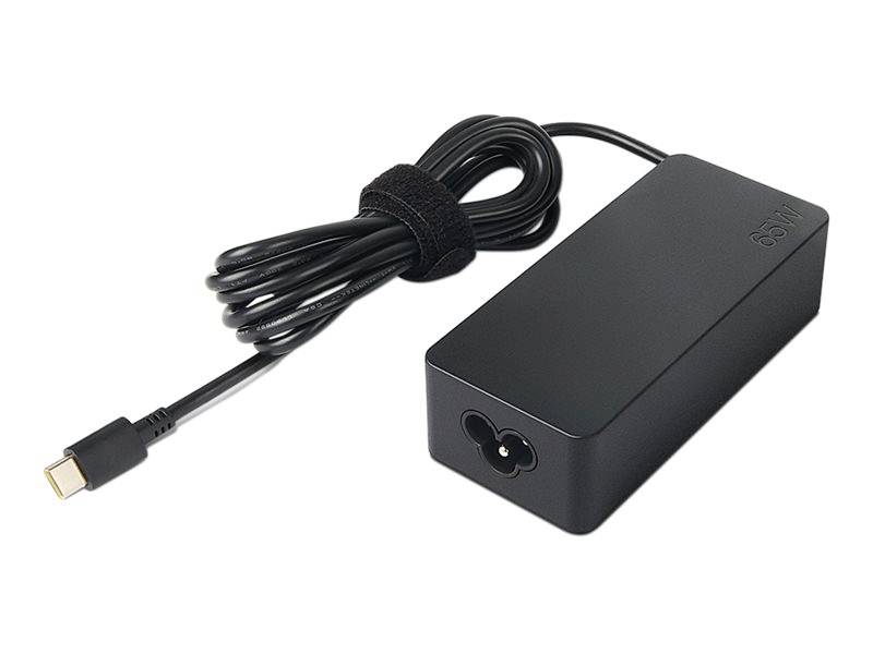 Black laptop power adapter with cable and USB-C port, suitable for charging portable computers.