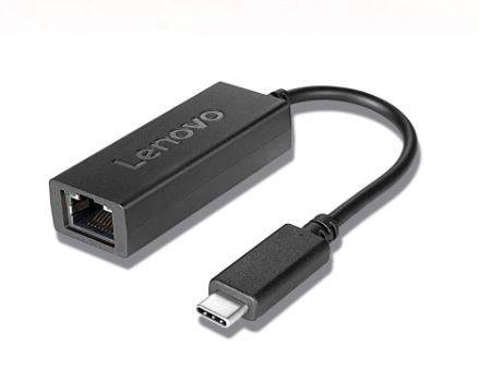 Lenovo USB-C to Ethernet Adapter. Black casing with an Ethernet port on one side and a USB-C plug on the other.