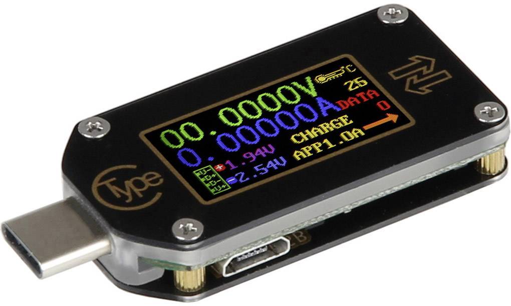 USB Tester with digital display shows voltage, current, and power information. Ports and screws visible.