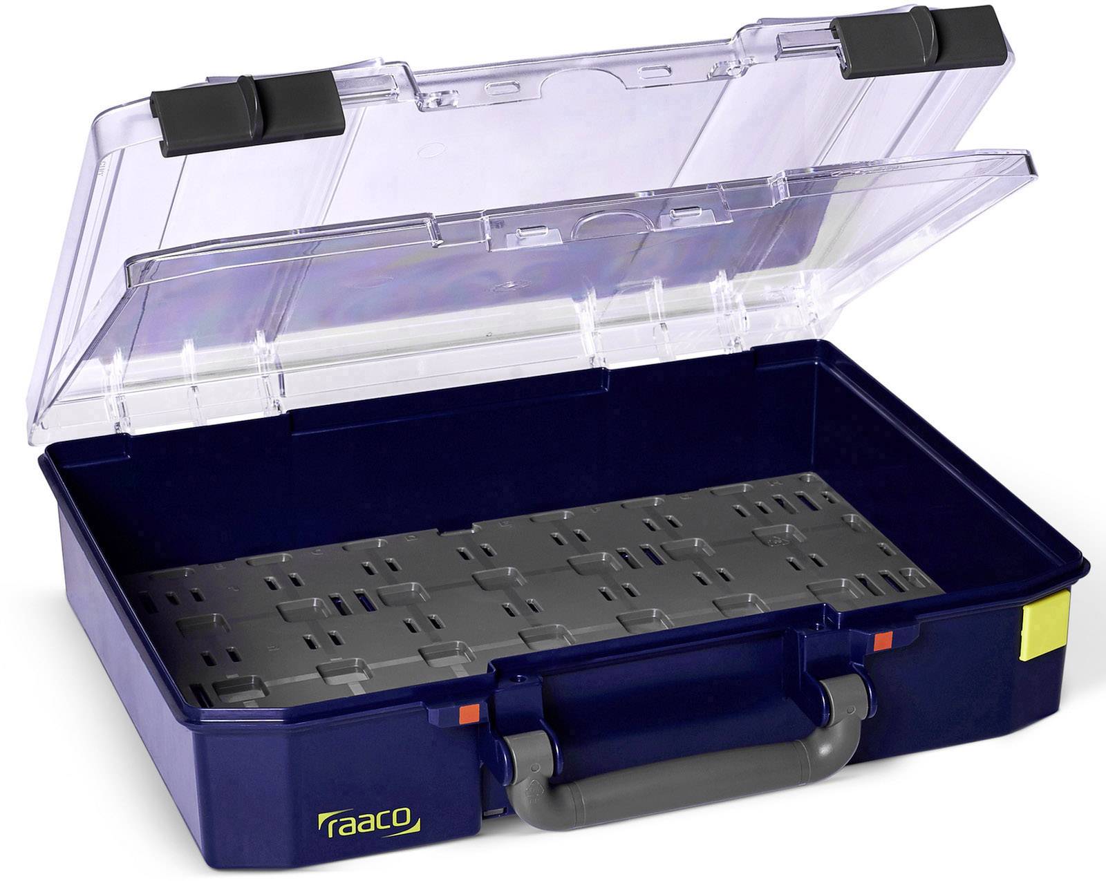 An open, blue tool case with a transparent lid and grey handle. The case has modular-compatible compartments with no contents.