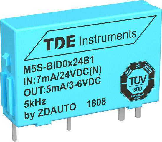 Electronic component with the inscription 'TDE Instruments'. Specifications: 7mA/24VDC input, 5mA/3-6VDC output, 5kHz. Certified by TÜV SÜD.