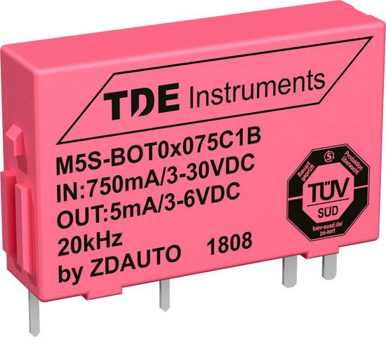 Electronic component in a pink housing. Inscription: 'TDE Instruments, M5S-BOT0x075C1B, IN: 750mA/3-30VDC, OUT: 5mA/3-6VDC, 20kHz, by ZDAUTO 1808'. TÜV seal present.