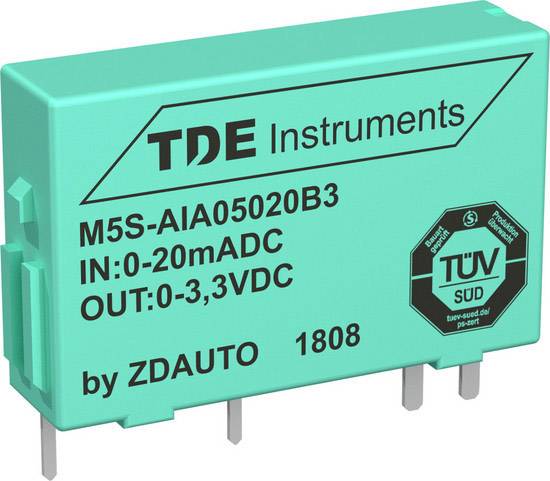 Electronic Component by TDE Instruments: Model M5S-AIA05020B3, Input Range 0-20mA DC, Output 0-3.3V DC, TÜV-certified.