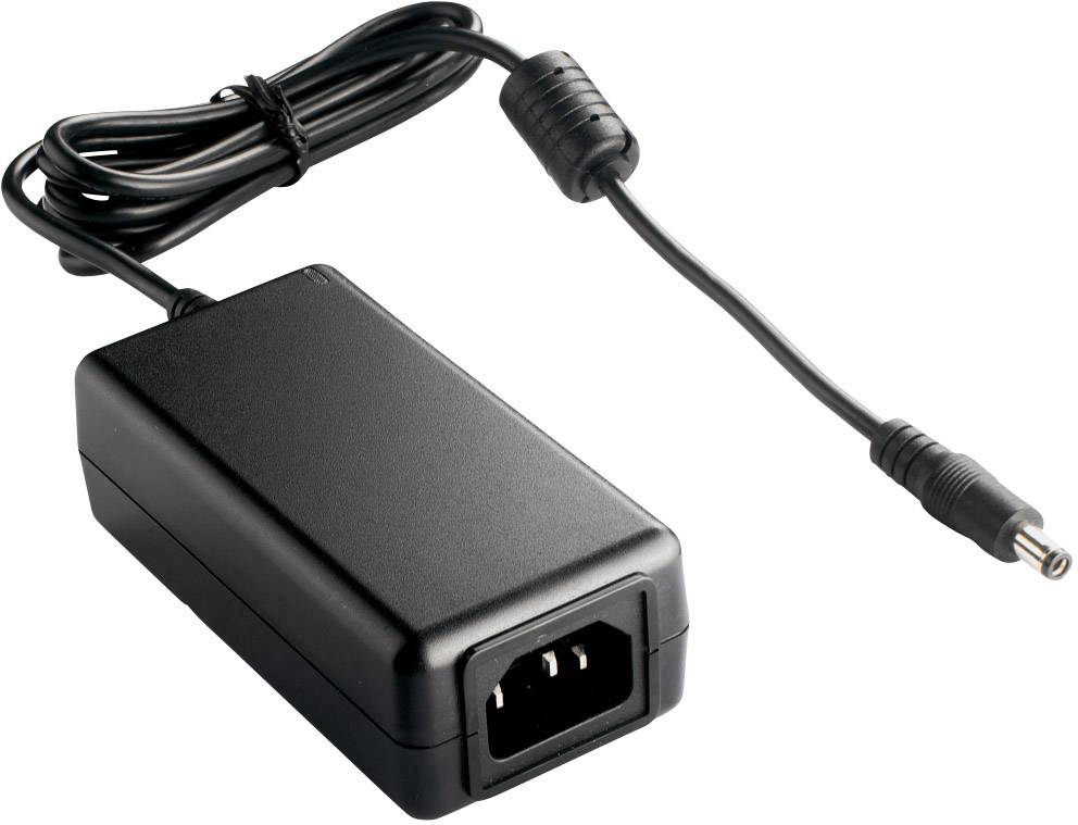 Black power supply with AC plug and cable, terminating in a round DC connector. Suitable for electronic devices.