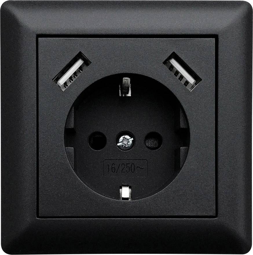 Black socket with two USB ports on top. Suitable for European plugs.