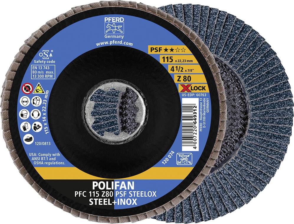 Grinding disc by Pferd for steel and stainless steel, Polifan type, 115 mm diameter. Includes safety and compatibility information.