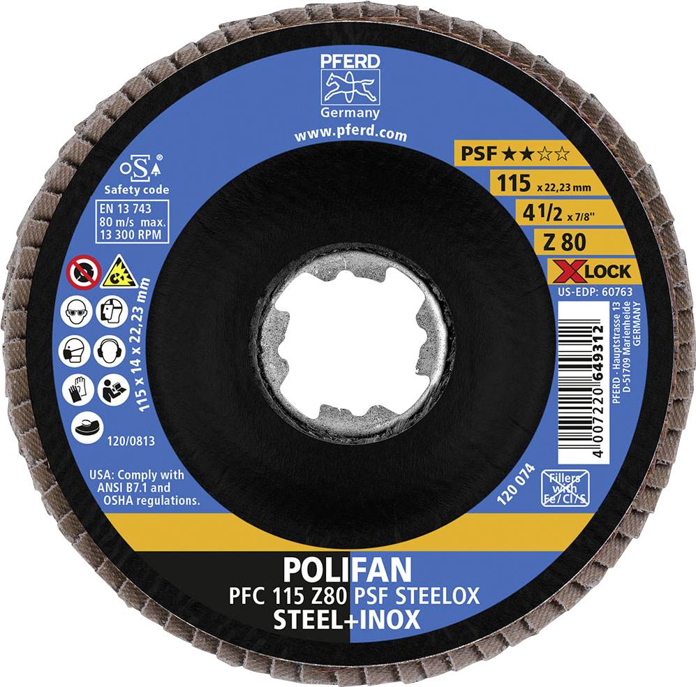 A grinding disc with the inscription 'POLIFAN PFC 115 Z80 PSF STEELOX STEEL+INOX'. Size: 115 mm. Hole size: 22.23 mm.