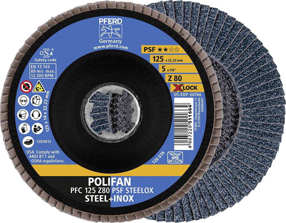 'Polifan PFC 125 Z80 PSF Steelox' Cutting Disc, 125 mm diameter, for Steel-Inox. Contains safety and compliance instructions.