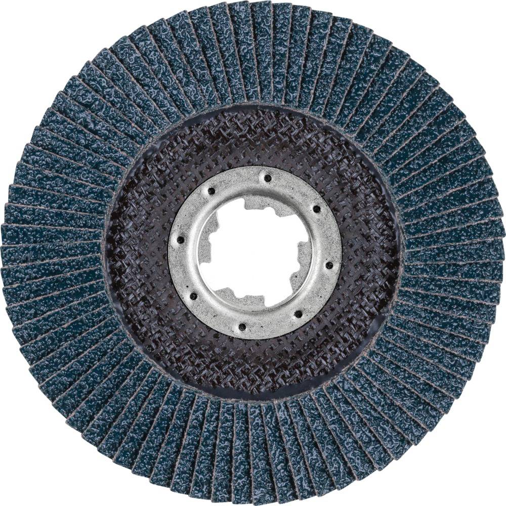 Flap disc with blue flaps and metal centre, used for grinding and polishing surfaces.