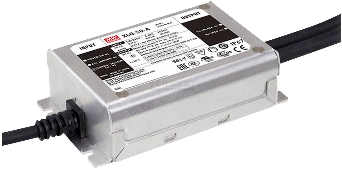 Silver LED power supply with cable connections, Type HLG-50-A, brand label and technical specifications on the top surface.