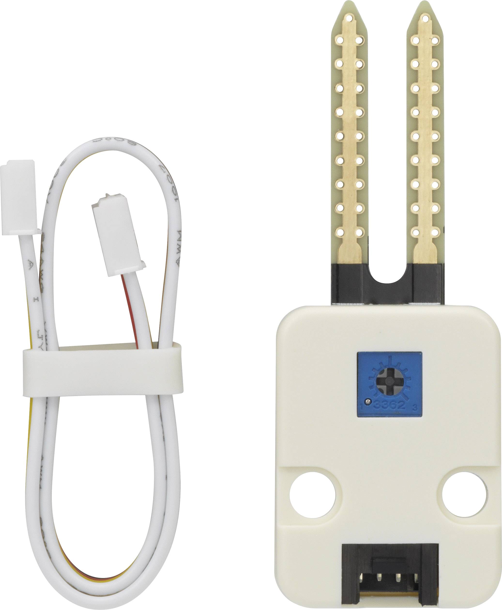 A soil moisture sensor with a cable. The sensor has two long, golden probes for measuring moisture in the soil.