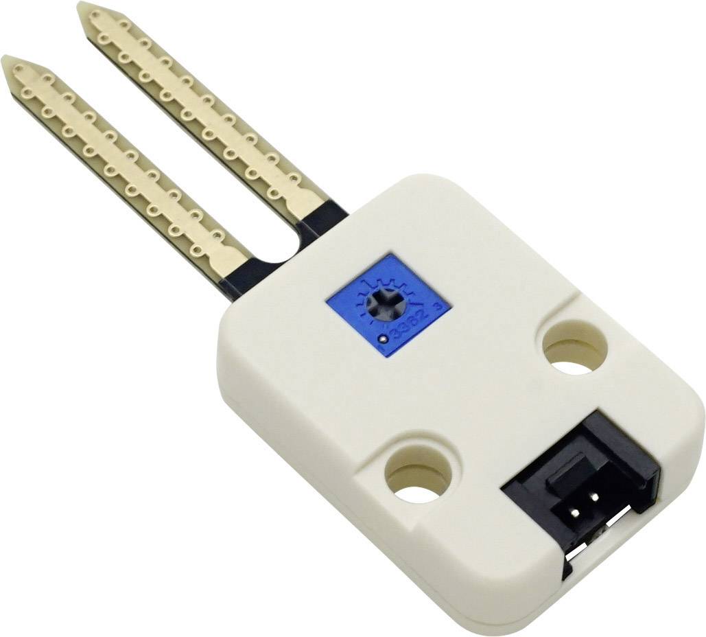 A white soil moisture sensor with two metallic probes and a blue rotary dial in the centre.