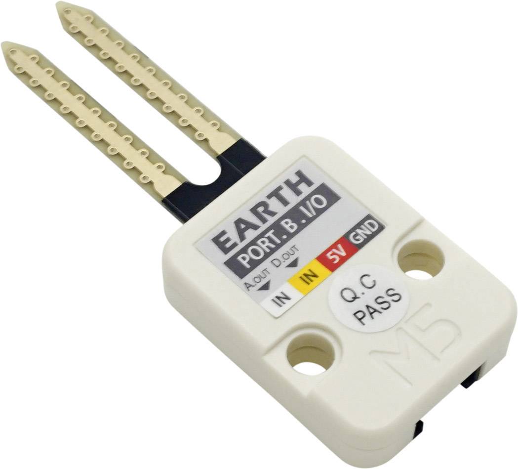 A white plug-in sensor with two metal pins, labelled 'EARTH' and colour-coded sockets for IN, 5V and GND, used for electronic measurements.