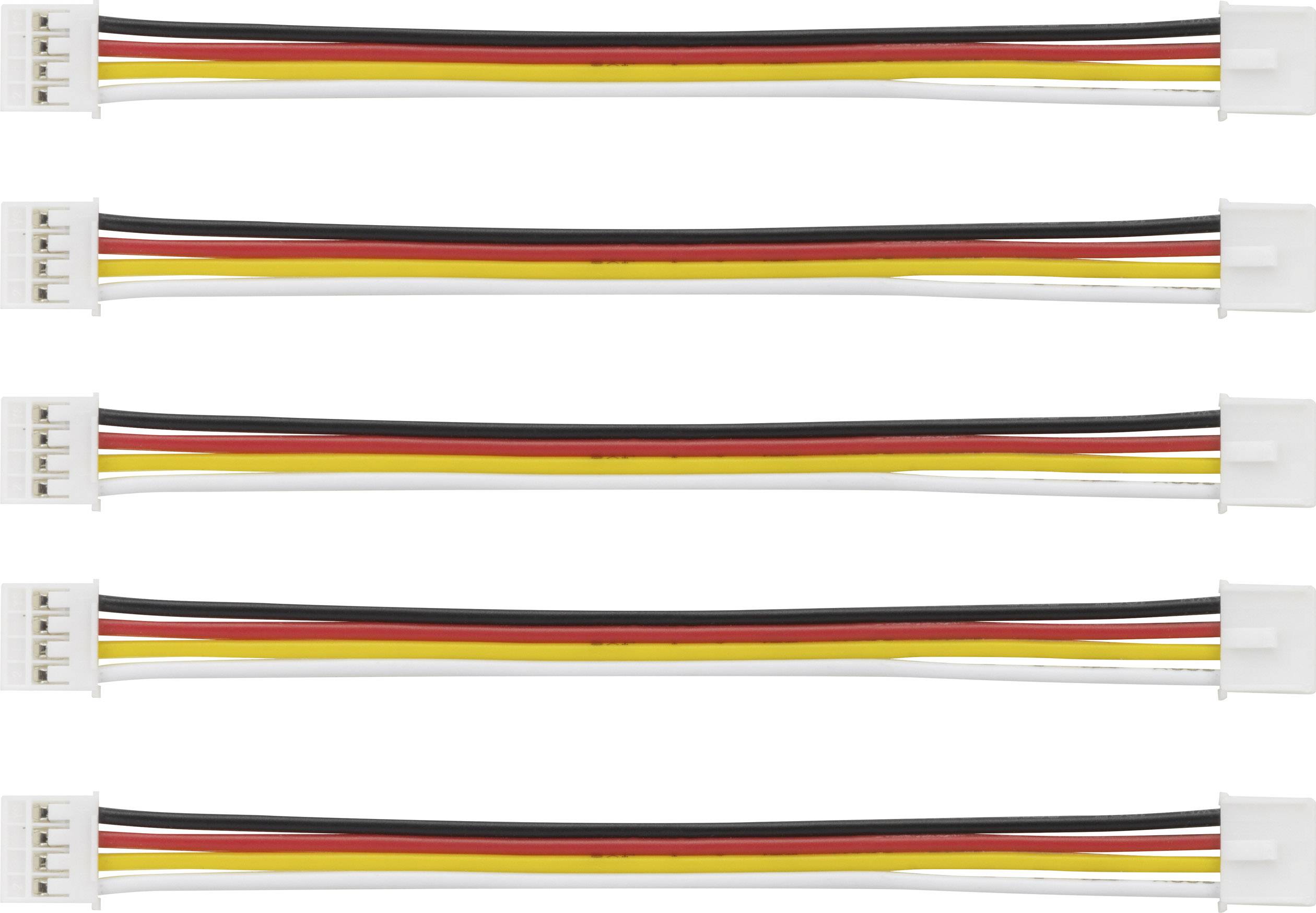 Four colourful cable harnesses with four wires each in black, red, yellow and white, connected by plastic plugs at each end.