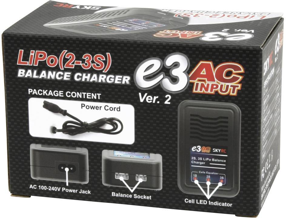 'LiPo Balance Charger e3 AC Input Ver. 2' packaging shows a battery charger including mains cable and charging connectors.