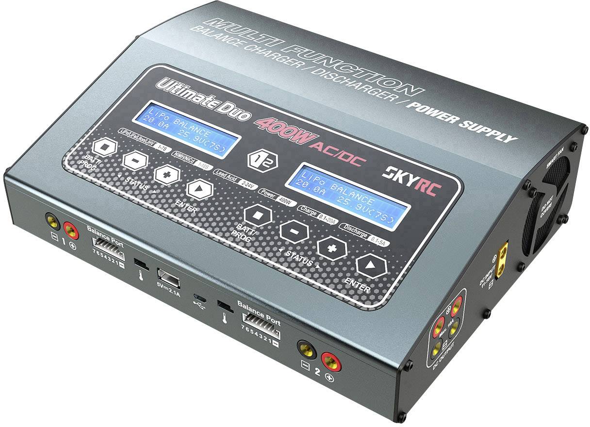 A blue charger with two screens and multiple ports, labelled 'Ultimate Duo 400W AC/DC' for RC devices.