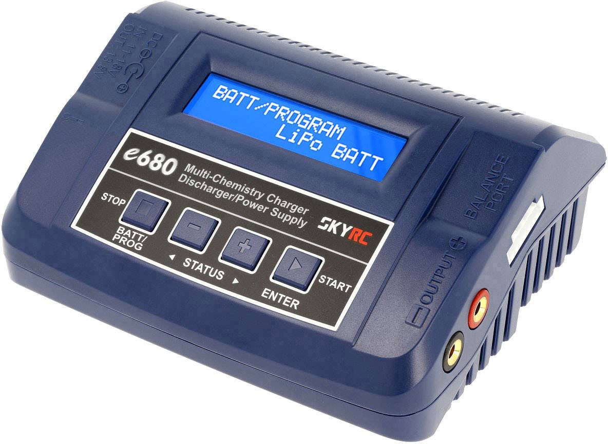 An electronic charger with a display showing 'BATT-PROGRAM' and 'LiPo BATT'. The brand name 'SKYRC' is visible.