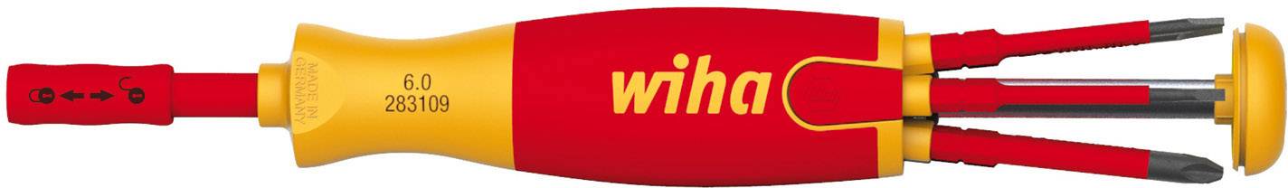 A red and yellow screwdriver with an integrated bit-changing system and three visible bits, manufactured by Wiha.
