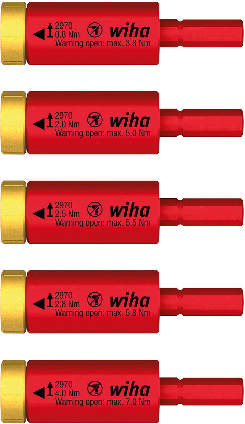 Five red torque adapters with yellow caps, marked with torque limits and warnings. Various Nm ranges from 0.8 to 7.0.