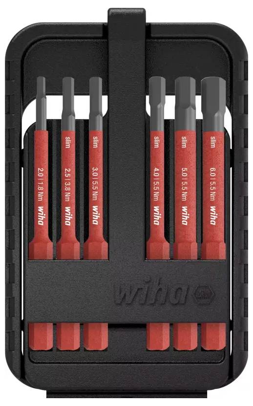 A set of six red and black precision screwdriver bits in a black holder. Different bit sizes are visible.