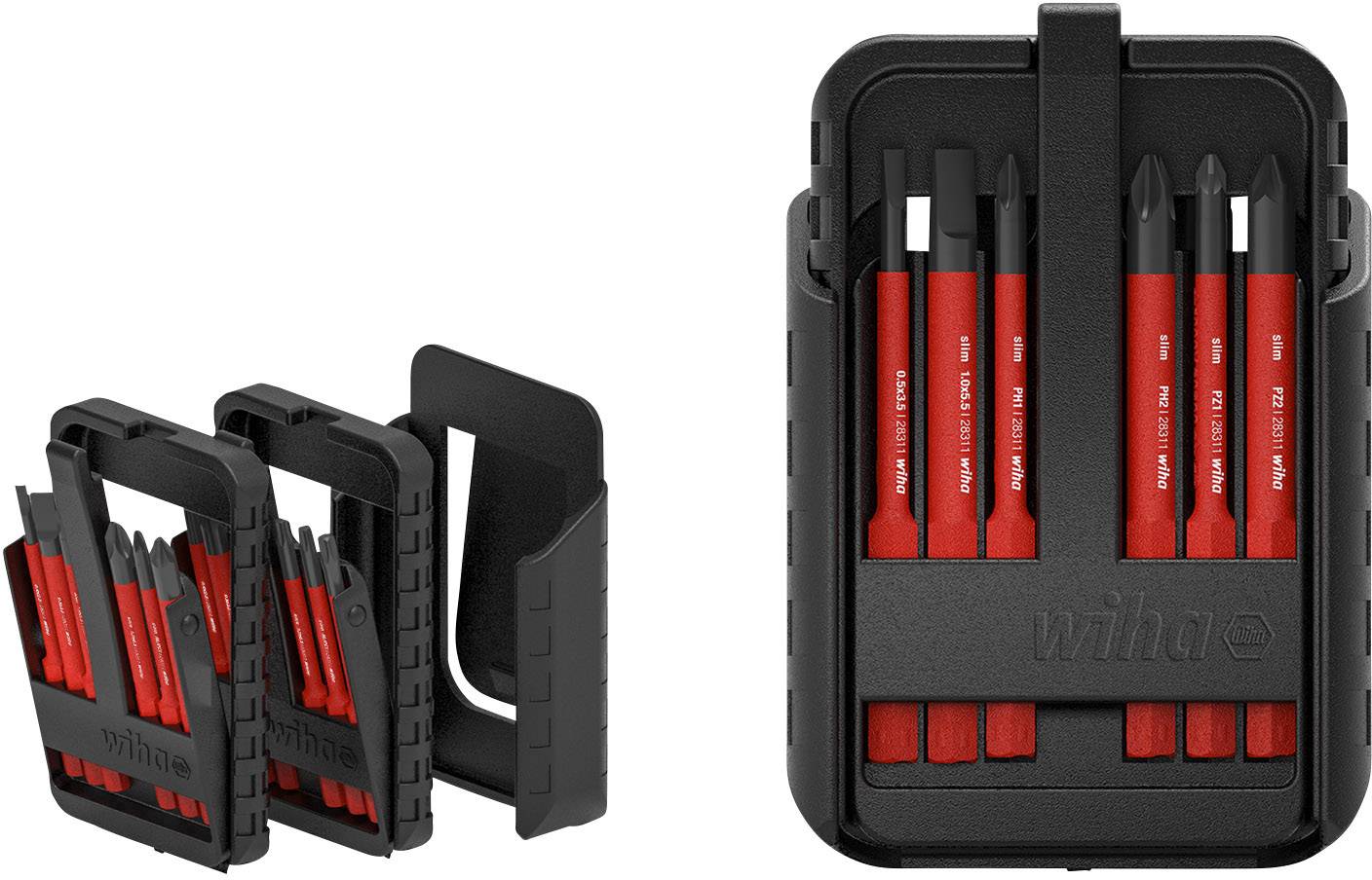 Screwdriver bit set in a black holder with a red handle. Contains multiple bits for various screw types. Ideal for DIY enthusiasts.